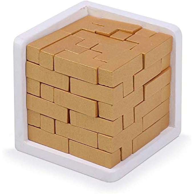 ORIGINAL 3D WOODEN BRAIN TEASER PUZZLE, GENIUS SKILLS BUILDER T-SHAPE PIECES. EDUCATIONAL TOY FOR KIDS AND ADULTS. GIFT DESK PUZZLES (GOLDEN EDITION) - Image 1